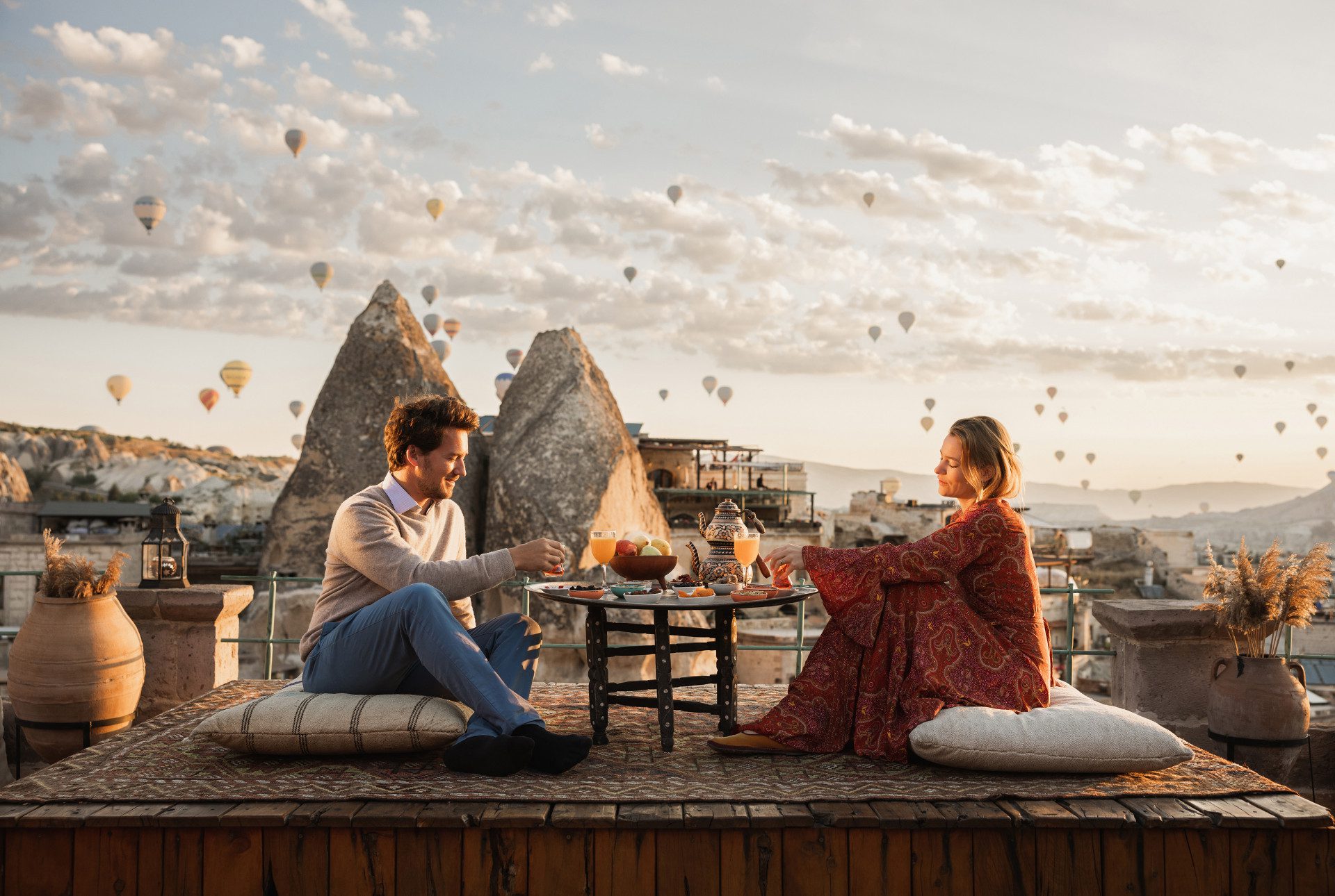Sultan Cave Suites famous rooftop breakfast with balloons