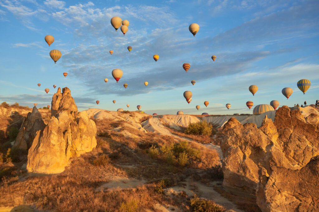Hot air balloons over Cappadocia at sunrise